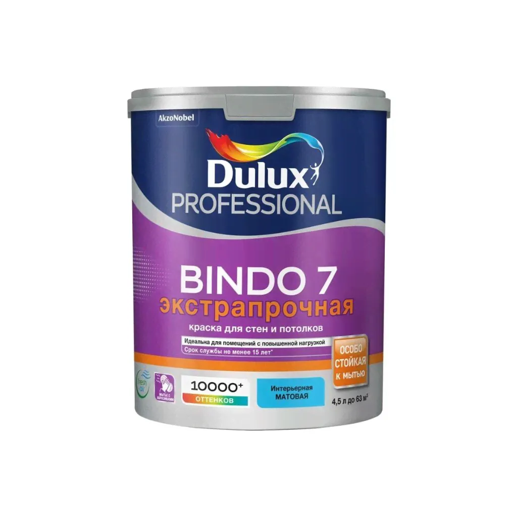 Краска воднодисперсионная, Dulux, Professional Bindo7, латексная, для стен и потолков, моющаяся, матовая, 4.5 л-0